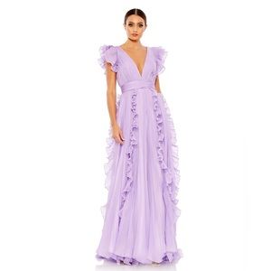 Mac Duggal Pleated Ruffle Cap Sleeve Flowy A Line Gown - Lilac Size 6